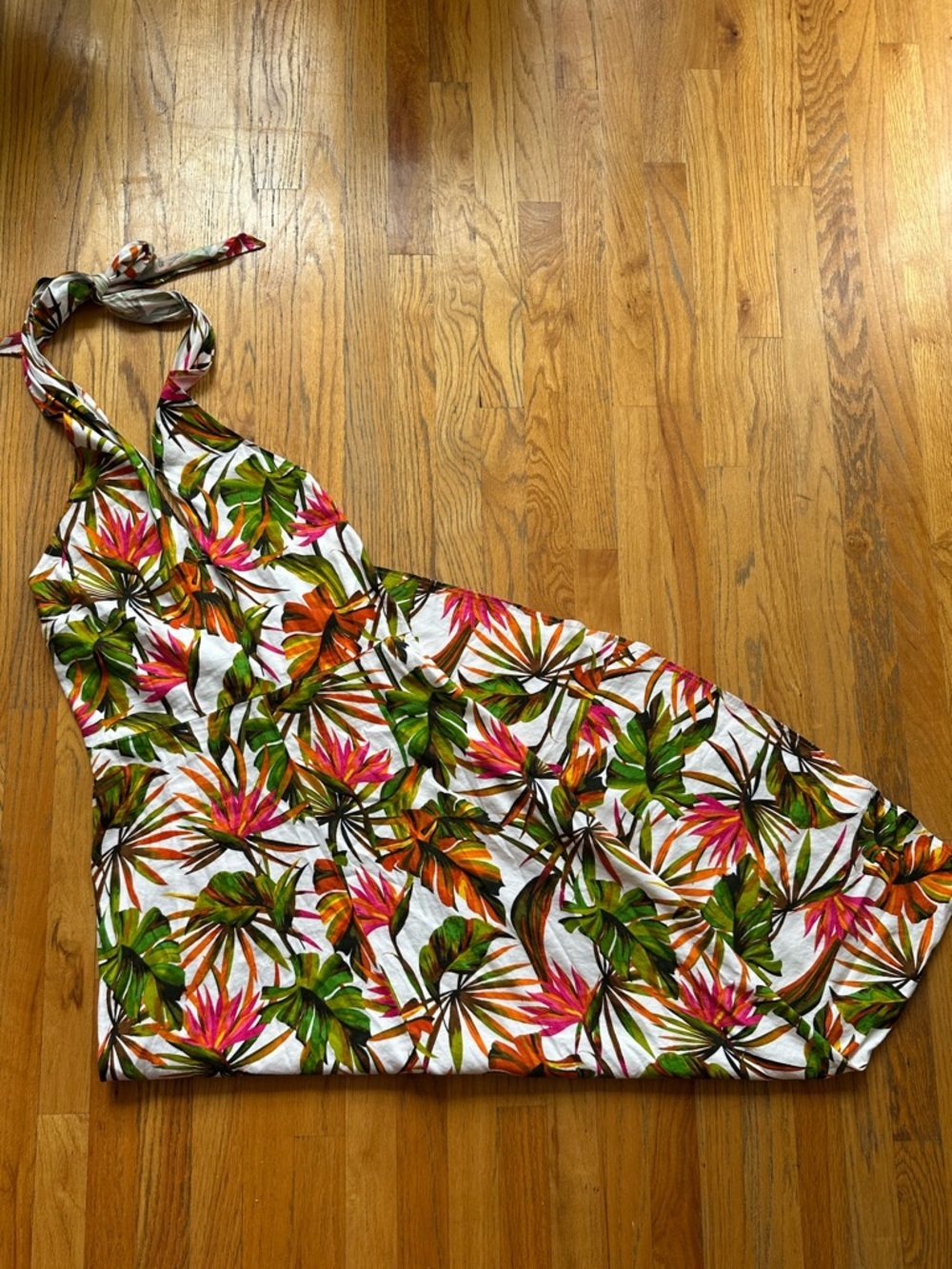 Tropical Halter Maxi Dress in White with Pink & Green Floral Print